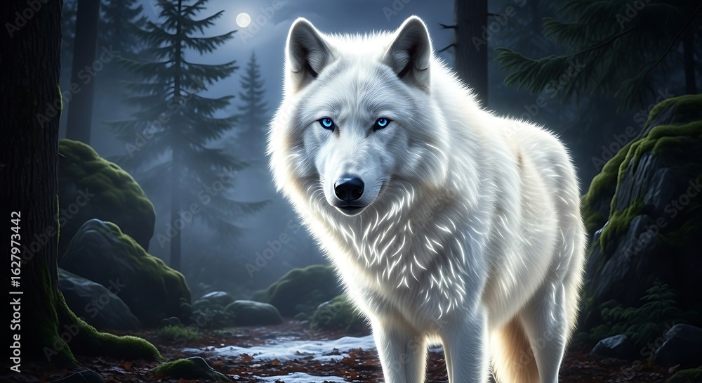 Obraz premium Majestic White Wolf with piercing blue eyes standing in a mystical forest at night