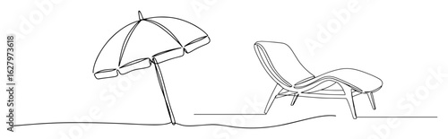 beach umbrella with lounge chair monoline thin lineart vector