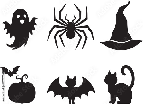 Spooky Halloween silhouettes ghost bat pumpkin cat witch hat