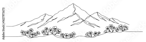 mountain landscape with flowers lineart monoline thin vector