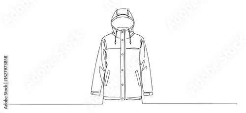 one continuous line drawing of a hooded waterproof outdoor jacket vector lineart