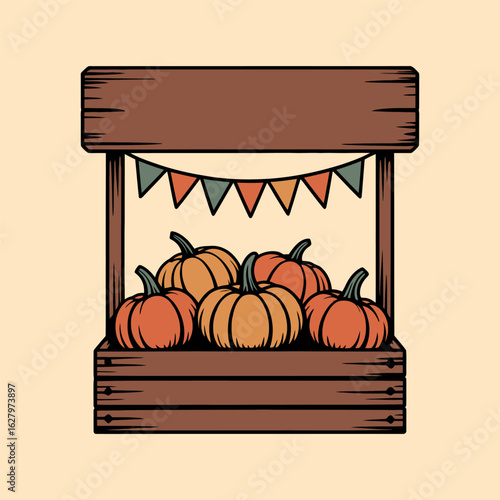 Autumn Pumpkin Stand with Wooden Crate and Pennant Garland Illustration