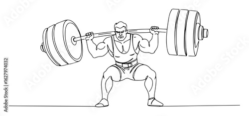 muscular weightlifter squat barbell powerlifting monoline thin lineart vector