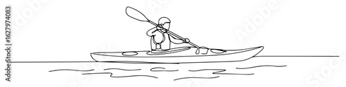 continuous one line drawing of a person in a kayak paddling on water vector sketch
