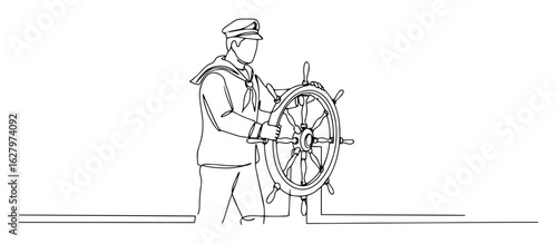 continuous one line drawing of a sailor captain at the ship's helm vector lineart