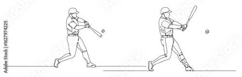 one continuous line drawing of baseball players hitting the ball vector set