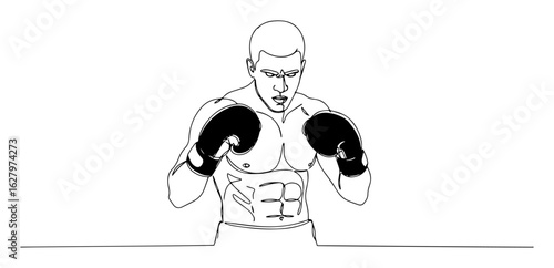 muscular boxer with gloves fighting pose vector monoline outline