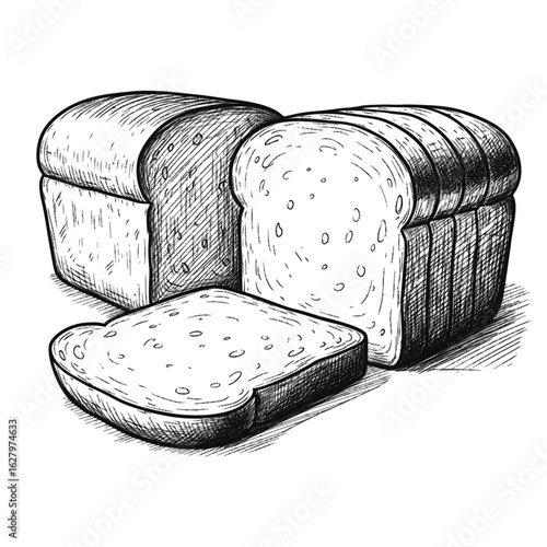 Sketch of bread loaves and a slice, monochrome illustration, for bakery menu design