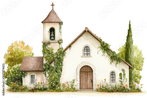Charming watercolor illustration of quaint church with ivy covered walls, bell tower, and wooden door surrounded by lush greenery and colorful flowers