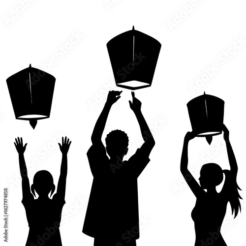 People releasing lanterns silhouette black vector