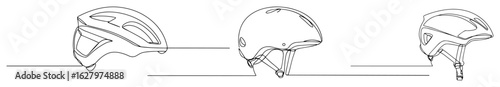 continuous one line drawing of a set of cycling helmets safety gear vector lineart