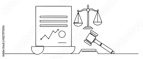 legal documents with gavel and scales monoline thin lineart vector