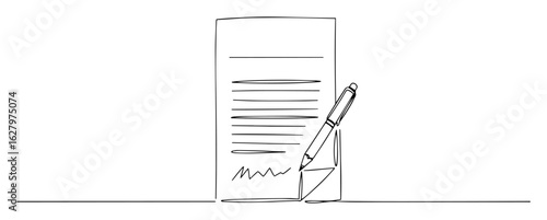 signed contract document with pen monoline thin lineart vector