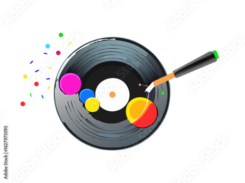 Creative designing surreal style with frying pan and vinyl records on black Creative process of music creation. Contemporary artwork. Concept of surrealism, pop art, creativity, imagination 
