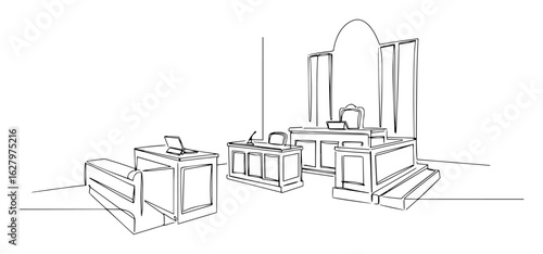 continuous one line drawing of an empty courtroom interior with judge's bench vector lineart