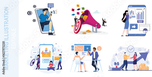 Modern Digital Marketing Illustration Set – Social Media, Data Analytics, Advertising, and Online Campaigns

