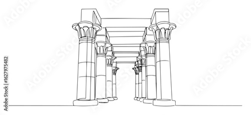 continuous one line drawing of an ancient egyptian temple hall with columns vector lineart