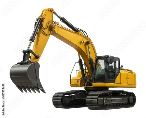 Heavy-duty yellow excavator with a large digging bucket and articulated arm on metal tracks on transparent background.