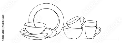 stacked dishes and cups monoline thin lineart vector