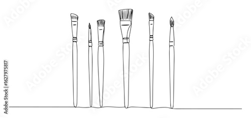 continuous one line drawing of a set of various artist paint brushes vector lineart