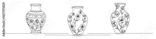 continuous one line drawing set of three ornate floral pottery vases vector illustration