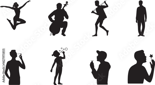 Silhouette Serenade A Symphony of Human Activity Depicted in Black Silhouettes Against a White Canvas Creating a Visual Harmony