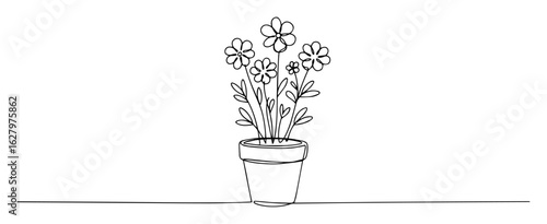 single one line drawing of flowers in a pot vector doodle illustration