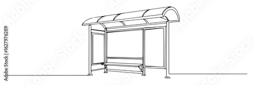 one continuous line drawing of a modern urban bus stop shelter with bench for public transport vector lineart design