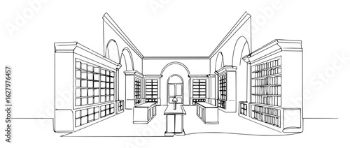library interior bookshelves reading hall perspective vector monoline outline