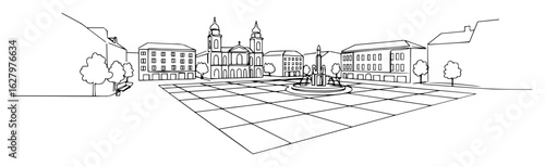 historic city square panoramic landmark buildings architecture scene line art vector monoline oneline outline