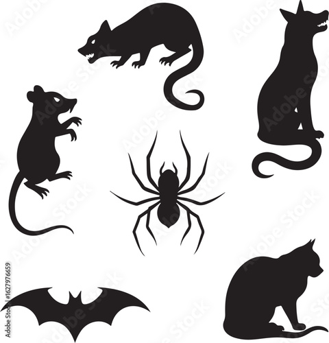 Spooky Halloween silhouettes of cat, bat, spider, rat, raccoon