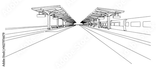 train station platforms perspective railway architecture line art travel scene vector monoline oneline outline