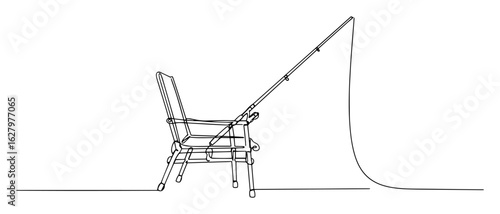 single one line drawing of a fishing chair with a rod setup for angling hobby concept vector contour illustration