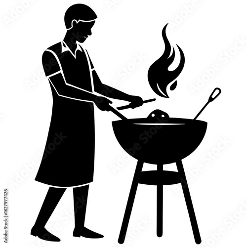 Person grilling food over flames barbecue cooking