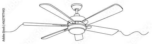 continuous one line drawing of a ceiling fan with light fixture a home appliance for cooling air vector outline sketch