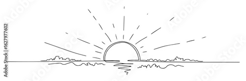 sunrise over sea horizon minimal landscape sun rays line drawing vector monoline oneline lineart outline