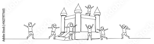 kids jumping on inflatable castle playground vector outline monoline