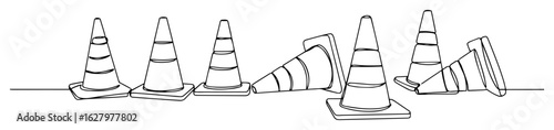 continuous one line drawing of a row of traffic cones for road work safety and construction vector sketch illustration