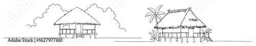 one continuous line drawing of a tropical jungle village with stilt huts and palm trees for a paradise travel concept vector lineart