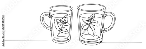 continuous one line drawing of two glass mugs of hot mint tea a refreshing herbal beverage vector sketch lineart