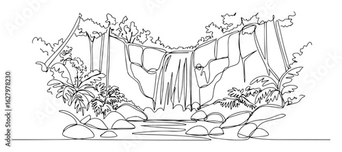 Jungle waterfall landscape one continuous line drawing. Tropical forest scenery with river and rocks. Nature travel and adventure concept. Minimalist vector art.