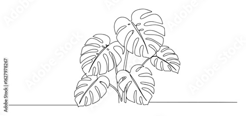 Monstera Deliciosa plant drawn in one continuous line. Tropical houseplant in a minimalist art style. Modern botanical vector illustration for home decor or logo.