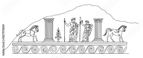 one continuous line drawing of an ancient greek mythology scene with gods horses and columns on a temple frieze vector lineart