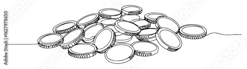 continuous one line drawing of a pile of old gold coins for treasure or wealth concept vector contour illustration