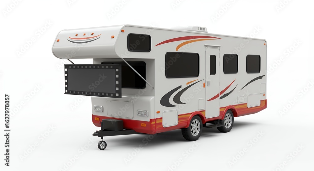 Naklejka premium White camper trailer with orange accents and monitor