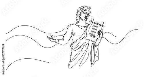 greek god apollo with lyre continuous one line drawing