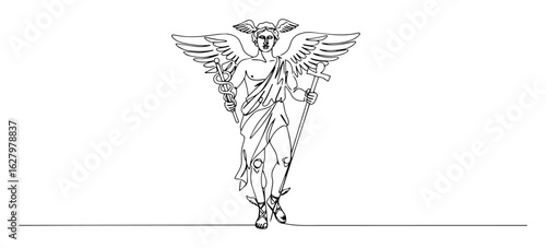 greek god hermes with caduceus continuous one line drawing
