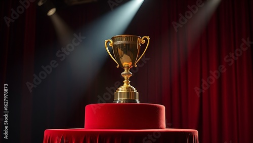 A golden trophy displayed on a velvet podium with dramatic award ceremony lighting.