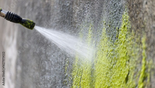 High-pressure water jet cleaning graffiti from a wall