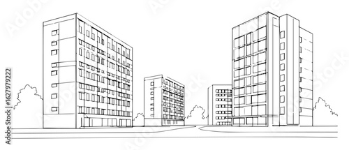 city apartment buildings complex outline vector illustration